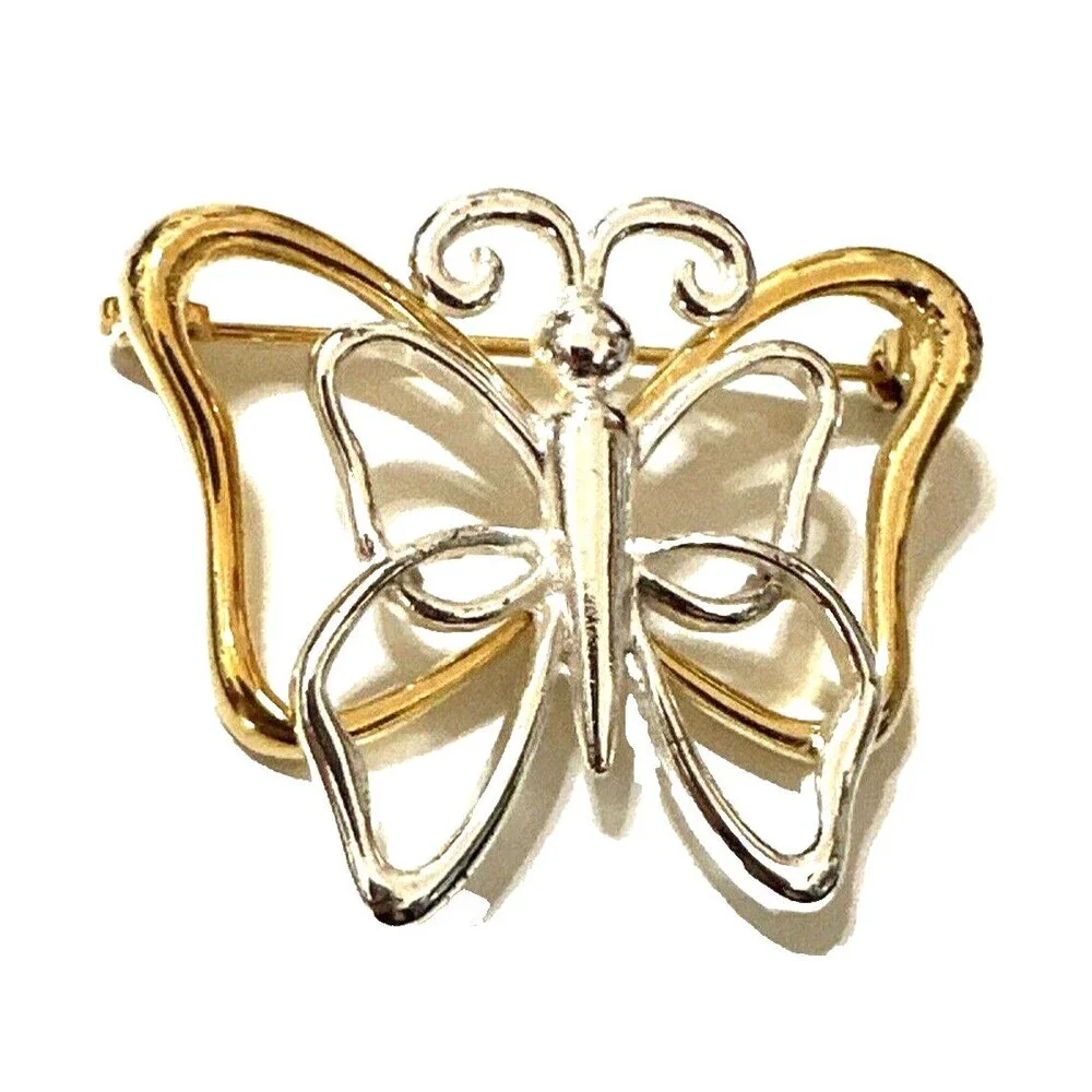 Vintage Two-Tone Butterfly Brooch Gold & Silver Tone Modernist Openwork Pin 1.5
